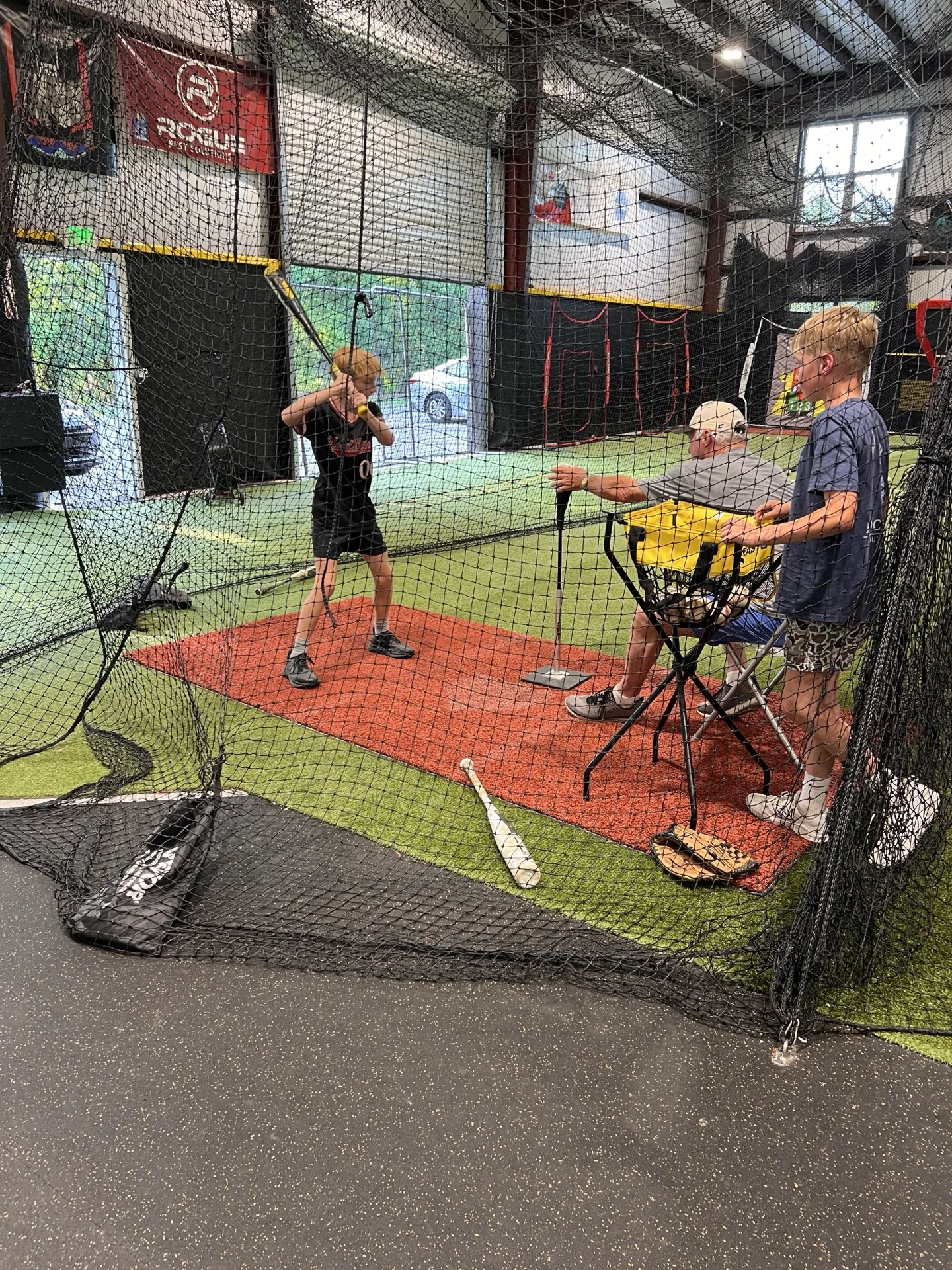 Overhead view of a player working a batting tee drill